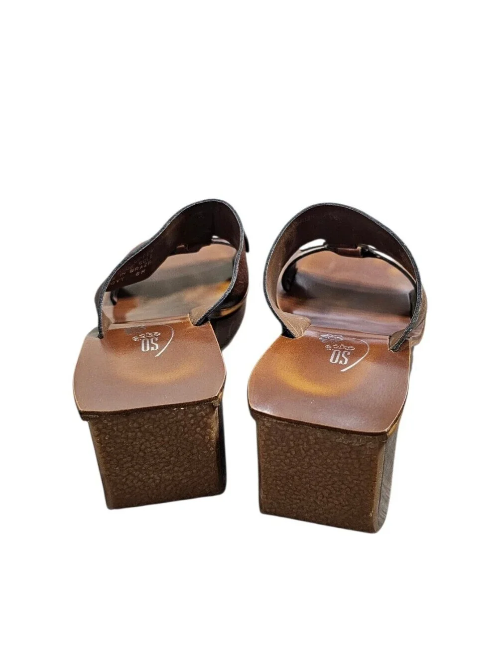 Y2k SO GSJC Brown Leather Strap open toe Wood Wedge chunky sandals